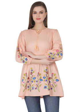 Elegant Rayon Peach Embroidered Top For Women