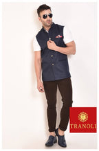 Load image into Gallery viewer, TRANOLI Fashionable Navy Blue Jute Solid Waistcoat For Men