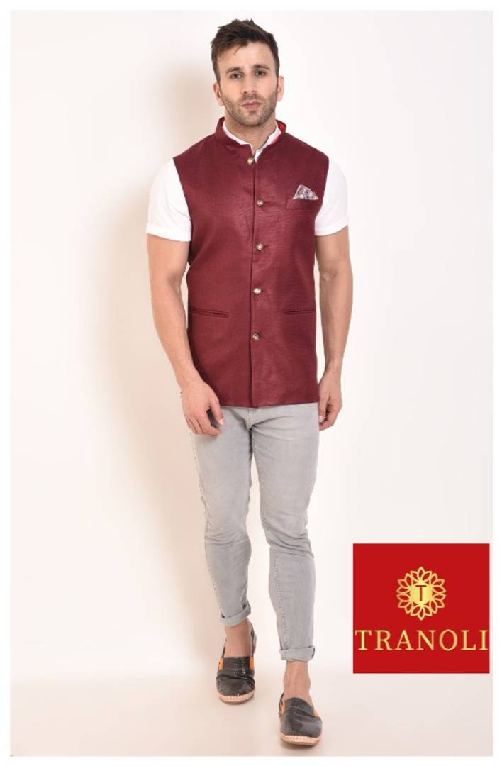 TRANOLI Fashionable Maroon Jute Solid Waistcoat For Men