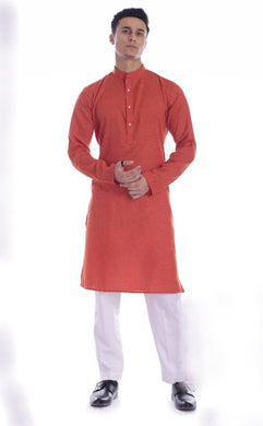 TRANOLI Classy Red Textured South Cotton Solid Straight Kurta For Men