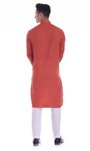 TRANOLI Classy Red Textured South Cotton Solid Straight Kurta For Men
