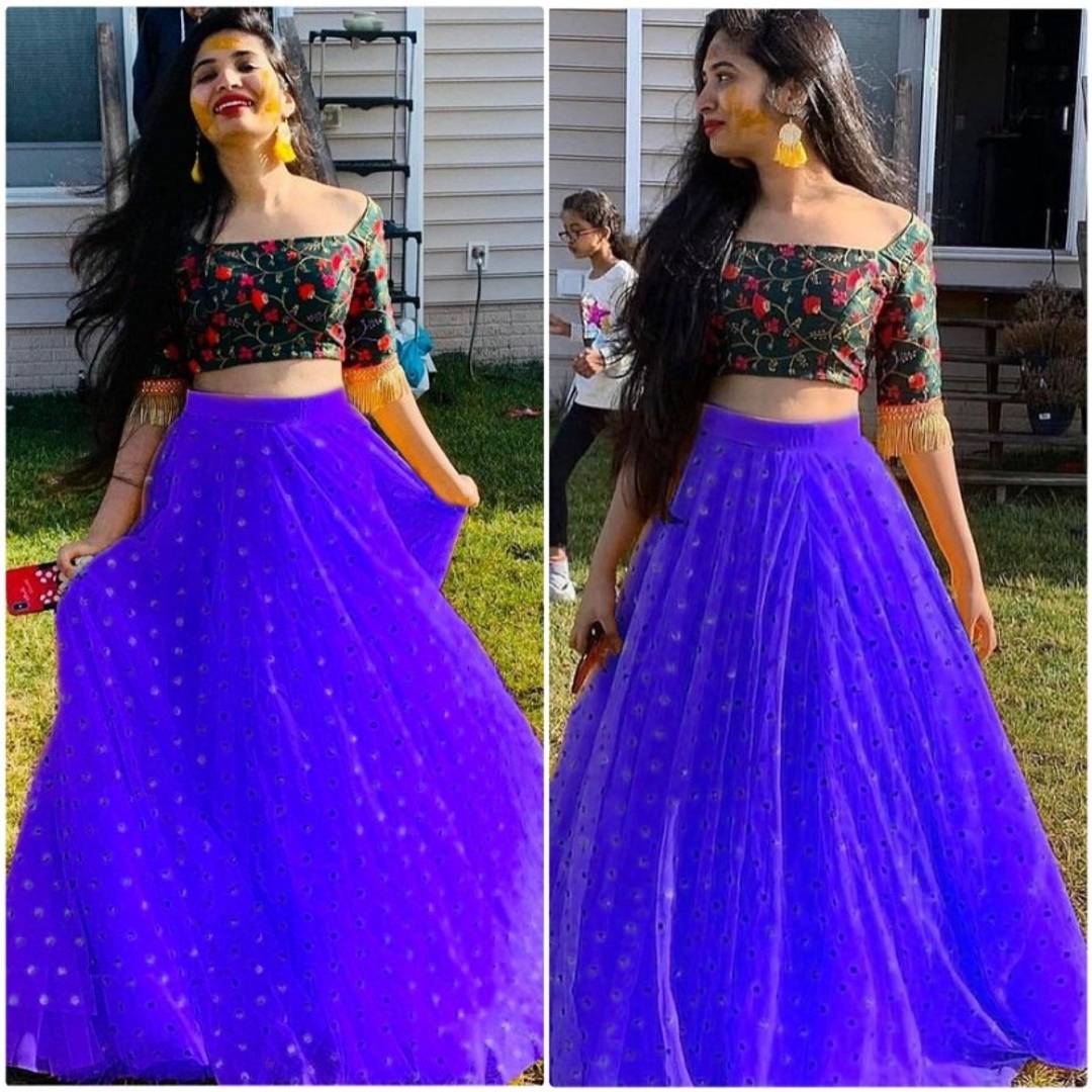 Women's Net Solid Lehenga with Green Embroidered Crop Top