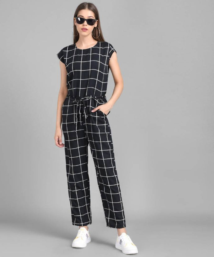 Women Black Check Front Knot Printed Jumpsuits