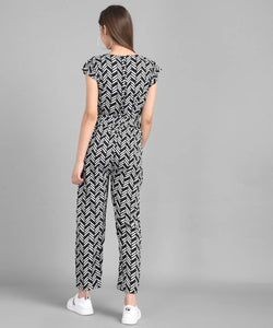 Women Black Line Printed Front Knot Jumpsuits