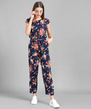 Load image into Gallery viewer, Women Nevy Blue Flower Printed Front Knot Jumpsuits