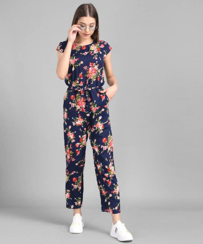 Women Nevy Blue Flower Printed Front Knot Jumpsuits