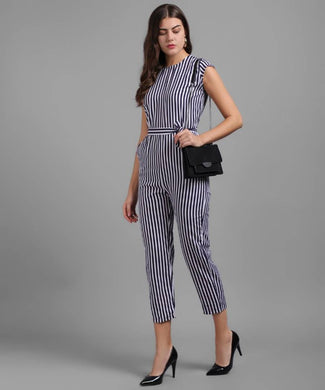 Women Nevy Blue Small Stripe Printed Front Knot Jumpsuits