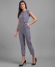 Load image into Gallery viewer, Women Nevy Blue Small Stripe Printed Front Knot Jumpsuits