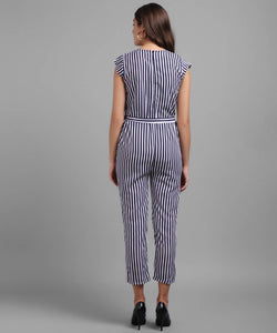 Women Nevy Blue Small Stripe Printed Front Knot Jumpsuits