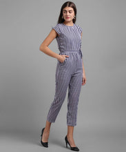 Load image into Gallery viewer, Women Nevy Blue Small Stripe Printed Front Knot Jumpsuits