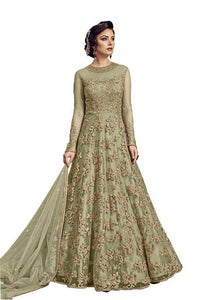 Green Color Net Embroidered  Anarkali Semi- Stitched Gown
