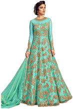 Load image into Gallery viewer, Sky Color Net Embroidered  Anarkali Semi- Stitched Gown