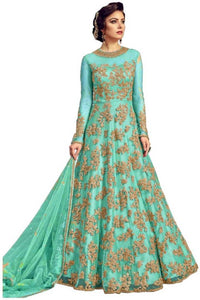 Sky Color Net Embroidered  Anarkali Semi- Stitched Gown