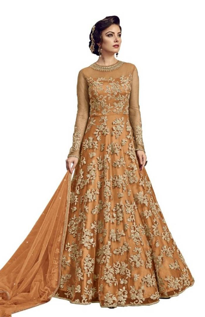 Yellow Color Net Embroidered  Anarkali Semi- Stitched Gown