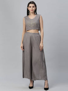 Stylish Grey Printed Shrug with Embroidered Top with Palazzo Set