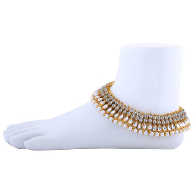 Charms Golden White Antique Kundan Anklet For Women