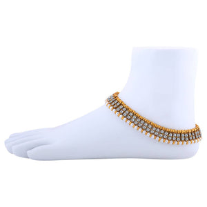 Traditional Golden White Diamond And Pearl Anklet For Women
