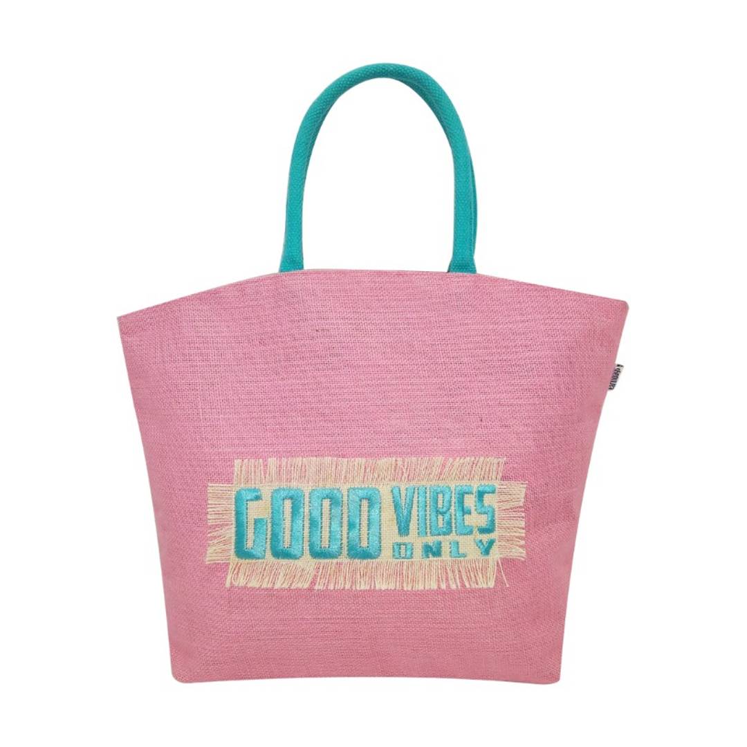 Trendy Jute Tote bag in Pink with Zipper and Pocket