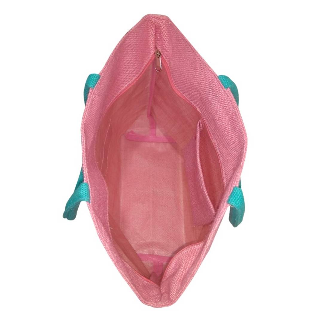 Trendy Jute Tote bag in Pink with Zipper and Pocket