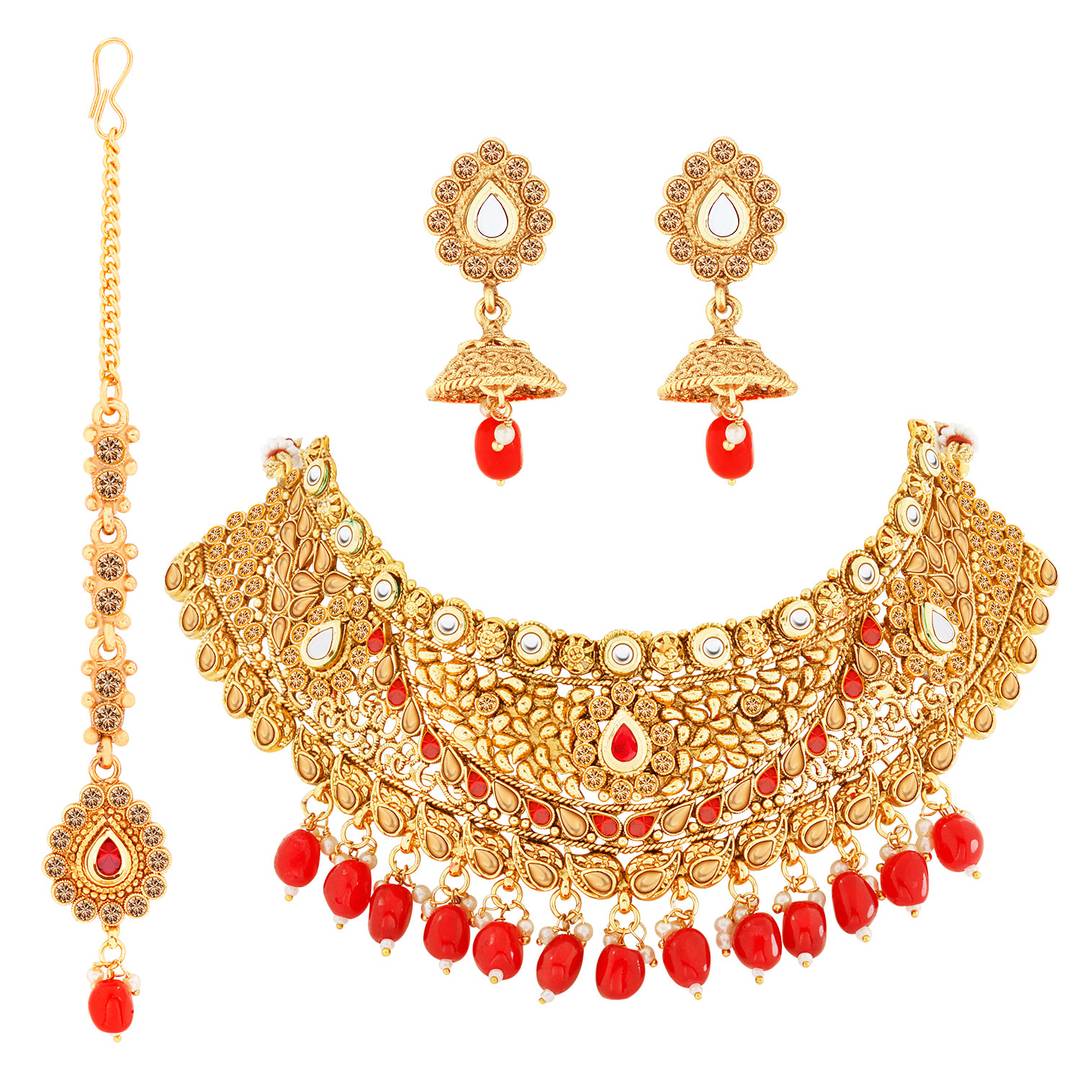 Gold Plated Choker Traditional Maharani style royal finish Red kundan stone Studded design with Red bead Drop Designer Bridal Wedding Necklace jewellery set for Girls And Women