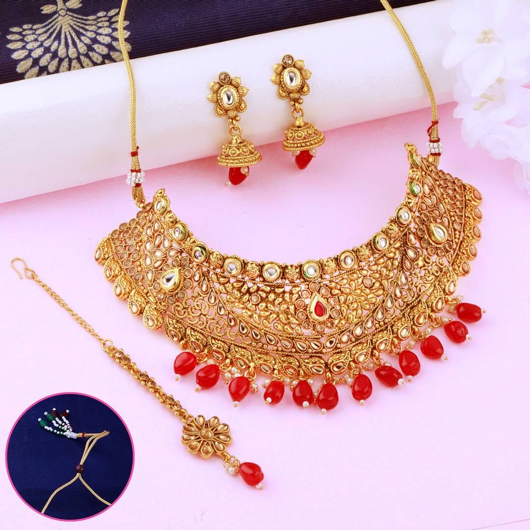 Gold Plated Choker Traditional Maharani style royal finish Red kundan stone Studded design with Red bead Drop Designer Bridal Wedding Necklace jewellery set for Girls And Women