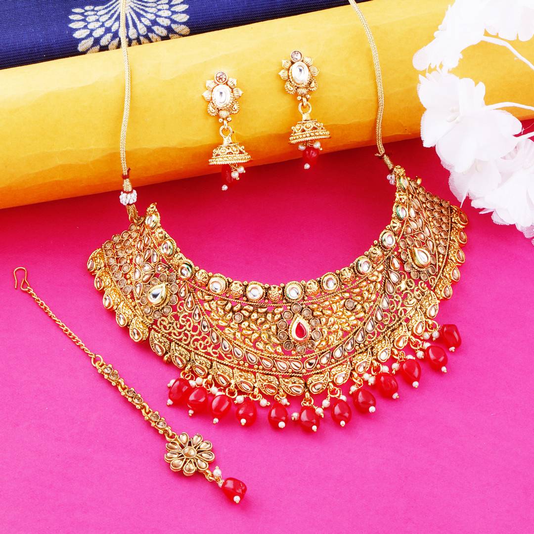 Gold Plated Choker Traditional Maharani style royal finish Red kundan stone Studded design with Red bead Drop Designer Bridal Wedding Necklace jewellery set for Girls And Women