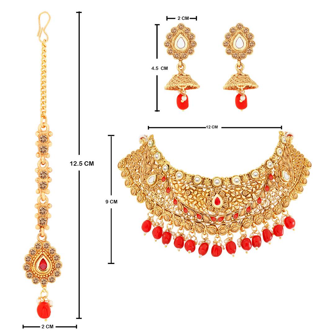 Gold Plated Choker Traditional Maharani style royal finish Red kundan stone Studded design with Red bead Drop Designer Bridal Wedding Necklace jewellery set for Girls And Women