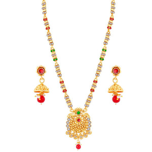 Traditional Gold Plated Ethnic Exclusive Self Textured Red and Green Kundan Stone Studded Bead Drop Designer Long Necklace wedding Jewellery Set For Girls and Women