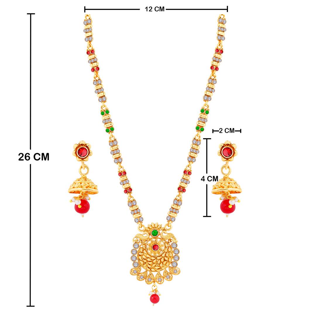 Traditional Gold Plated Ethnic Exclusive Self Textured Red and Green Kundan Stone Studded Bead Drop Designer Long Necklace wedding Jewellery Set For Girls and Women