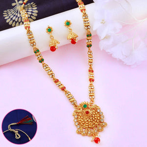 Traditional Gold Plated Ethnic Exclusive Self Textured Red and Green Kundan Stone Studded Bead Drop Designer Long Necklace wedding Jewellery Set For Girls and Women