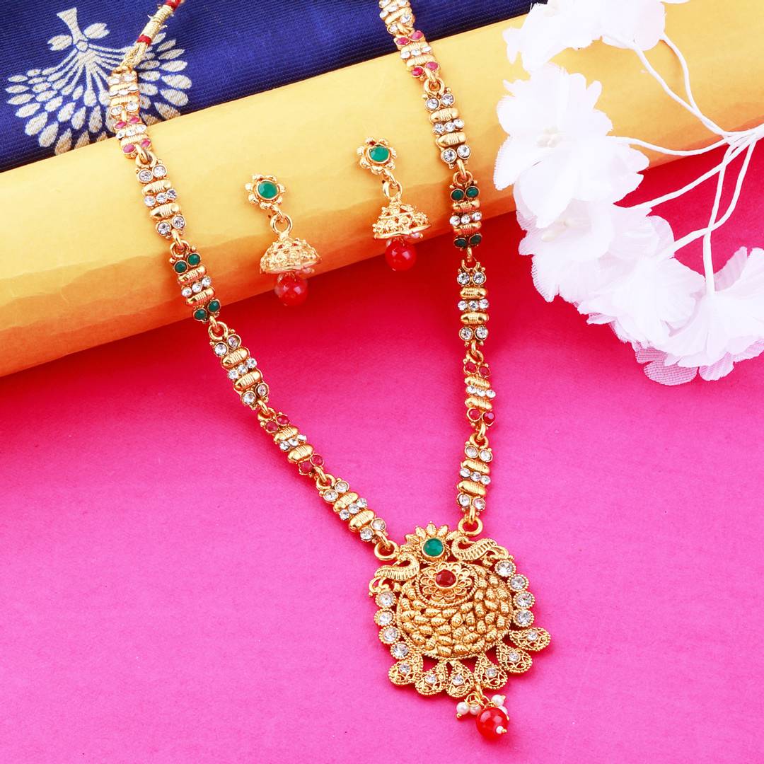 Traditional Gold Plated Ethnic Exclusive Self Textured Red and Green Kundan Stone Studded Bead Drop Designer Long Necklace wedding Jewellery Set For Girls and Women
