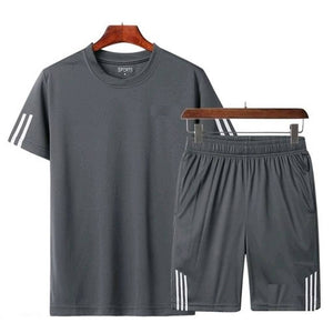 Grey Striped Polyester Spandex Tees & Shorts Set