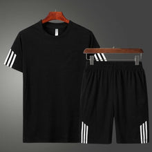 Load image into Gallery viewer, Black Striped Polyester Spandex Tees &amp; Short Set