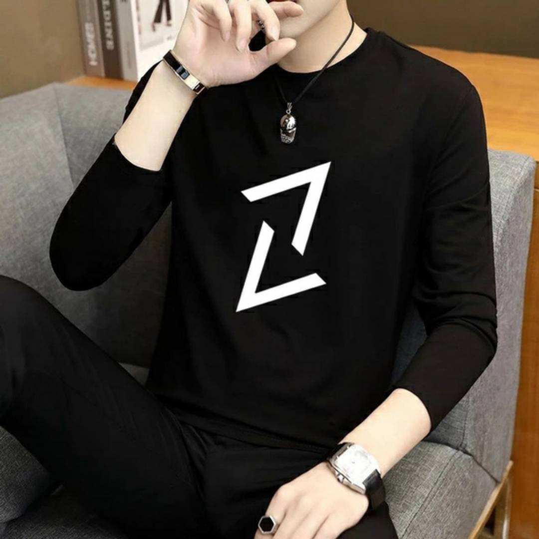 Men's Black Printed Polyester Spandex Round Neck Tees