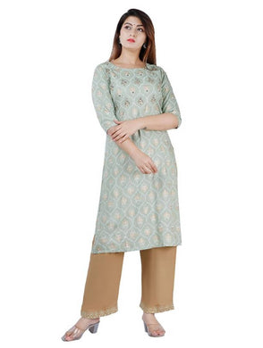 Elegant Beige Rayon Printed A-Line Kurta Palazzo Set For Women