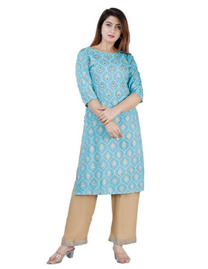 Elegant Turquoise Rayon Printed A-Line Kurta Palazzo Set For Women