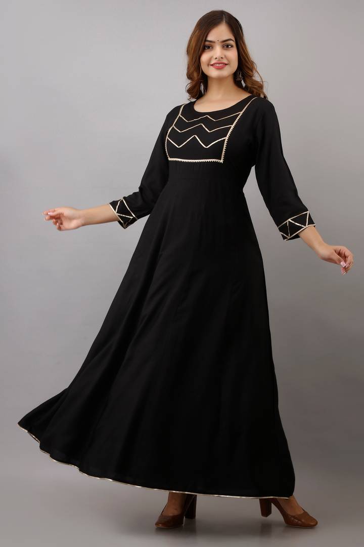 Stylish Rayon Black Gota Work 3/4 Sleeves Anarkali Kurta