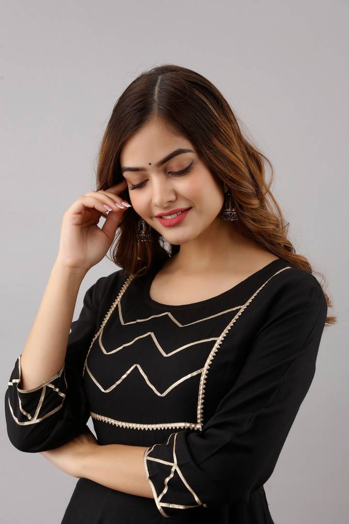 Stylish Rayon Black Gota Work 3/4 Sleeves Anarkali Kurta