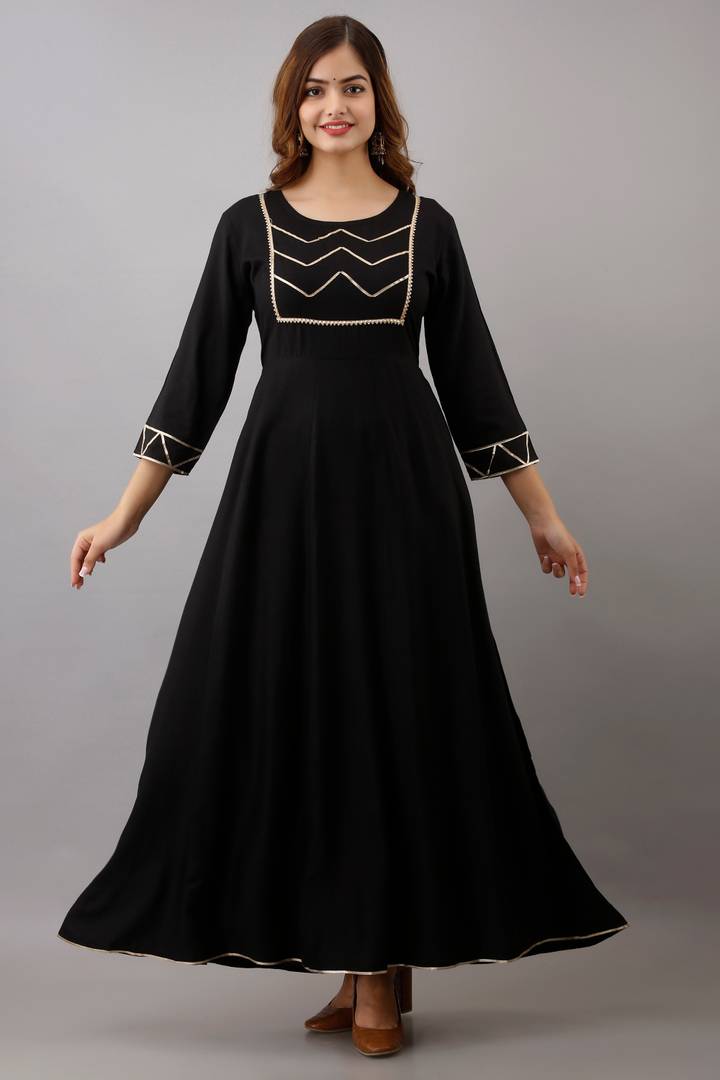 Stylish Rayon Black Gota Work 3/4 Sleeves Anarkali Kurta