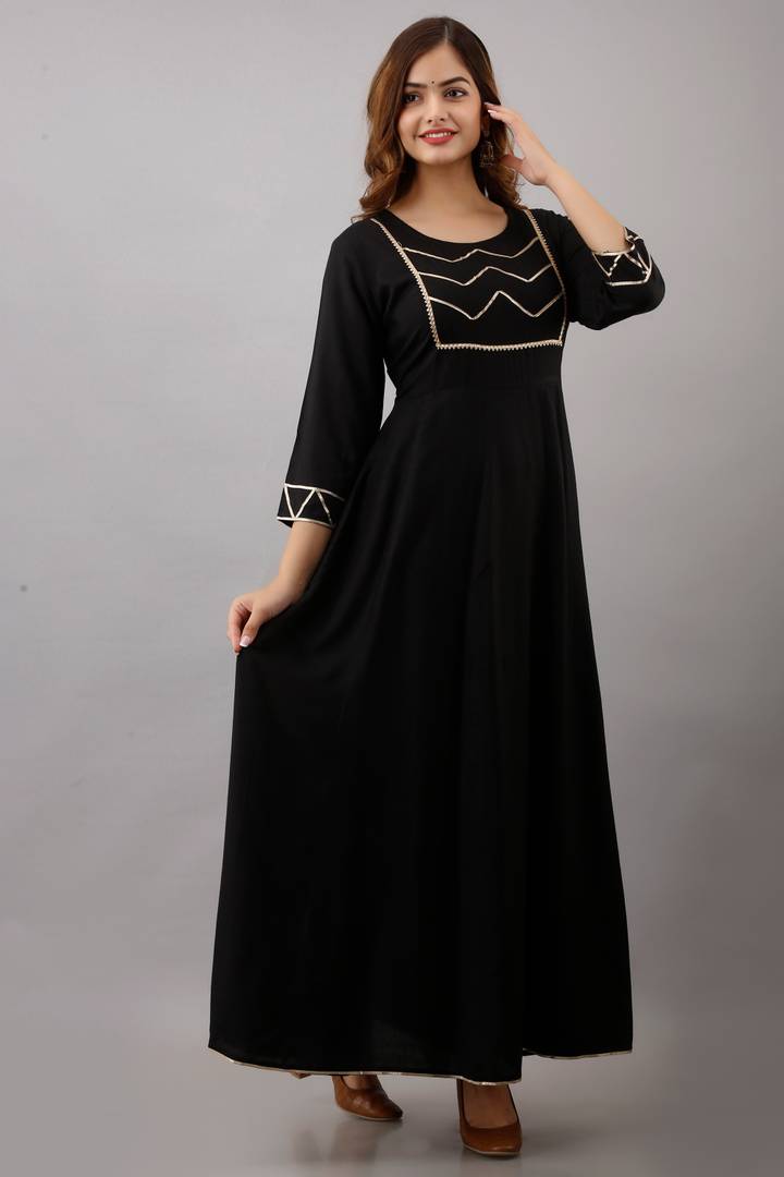 Stylish Rayon Black Gota Work 3/4 Sleeves Anarkali Kurta