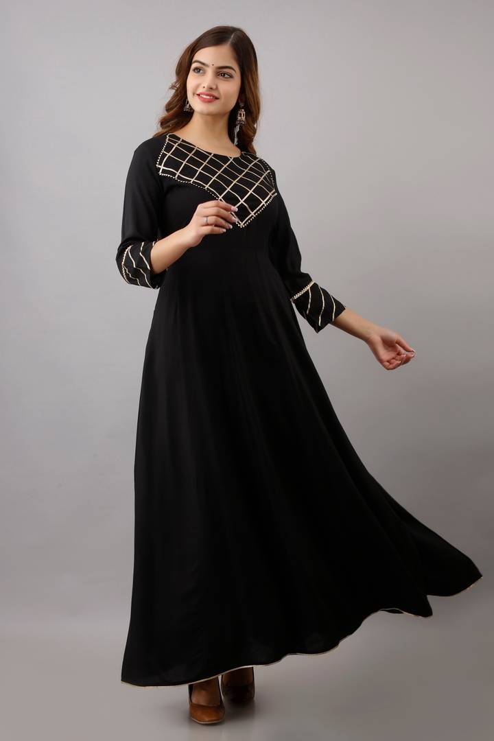 Stylish Rayon Black Gota Work 3/4 Sleeves Anarkali Kurta