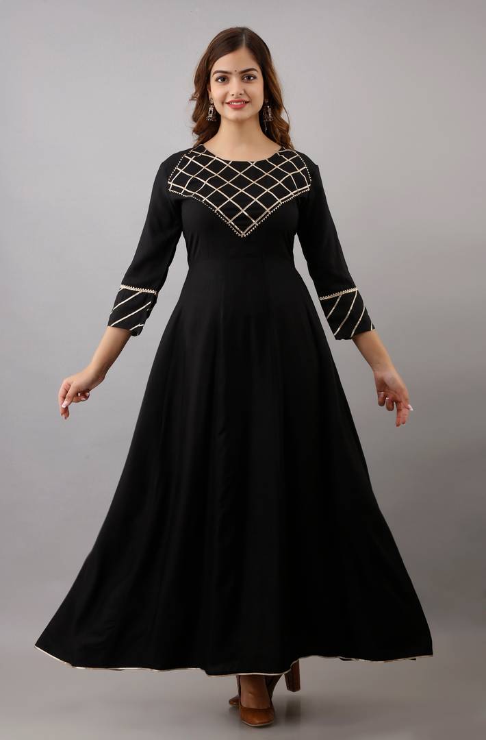 Stylish Rayon Black Gota Work 3/4 Sleeves Anarkali Kurta