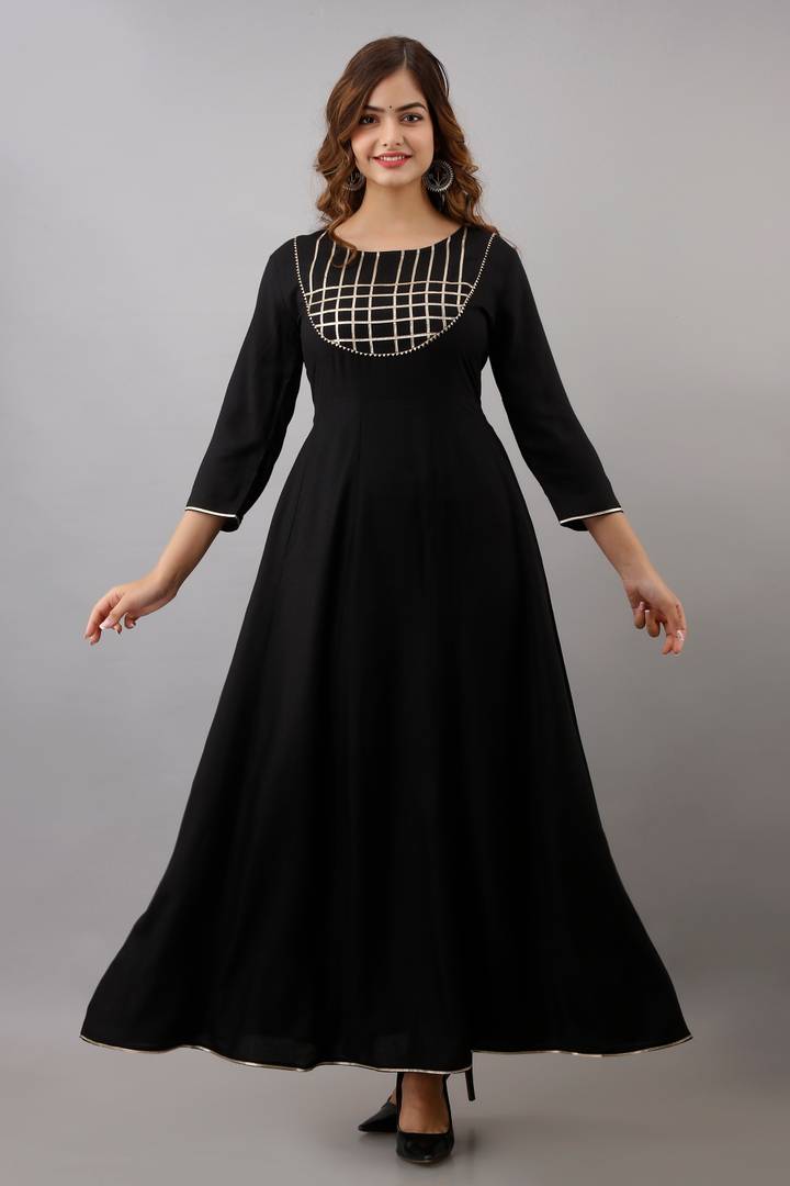 Stylish Rayon Black Gota Work 3/4 Sleeves Anarkali Kurta