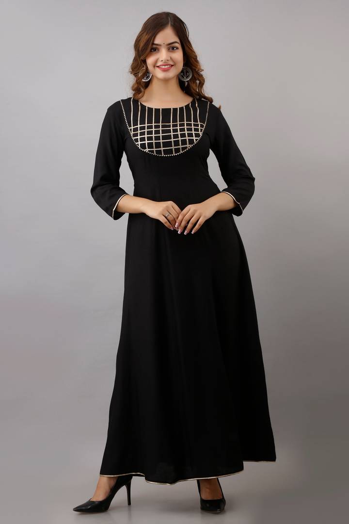 Stylish Rayon Black Gota Work 3/4 Sleeves Anarkali Kurta