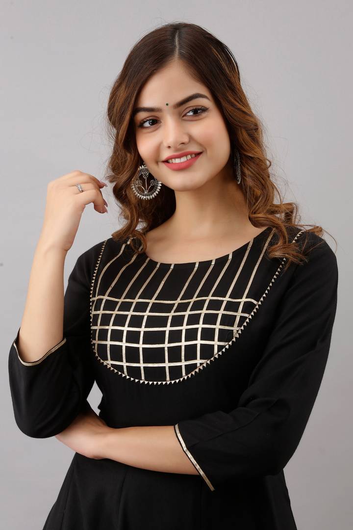 Stylish Rayon Black Gota Work 3/4 Sleeves Anarkali Kurta