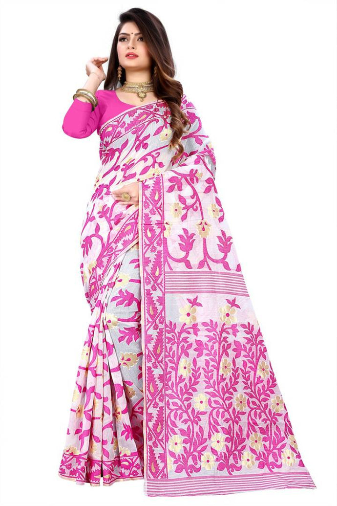 Women's Beautiful Pink Jacquard Cotton Saree with Blouse piece