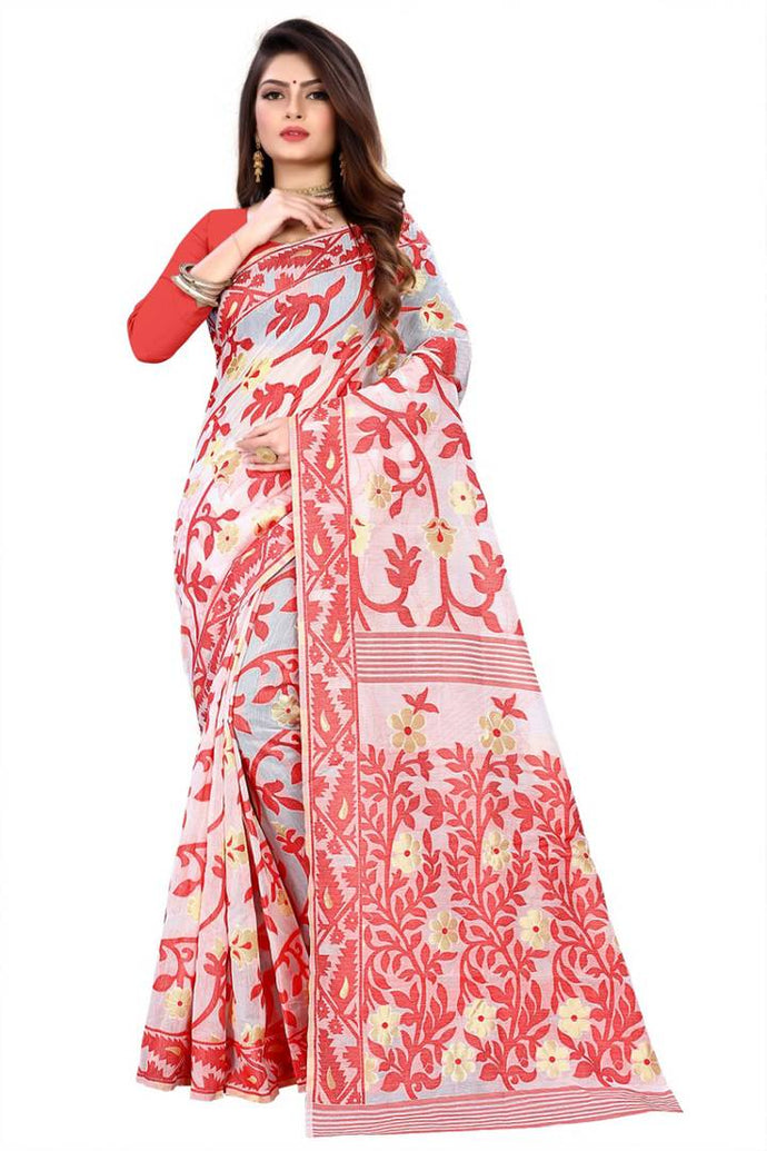 Women's Beautiful Red Jacquard Cotton Saree with Blouse piece