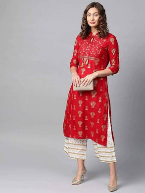 Elegant Red Rayon Self Design Women Kurta Palazzo Set