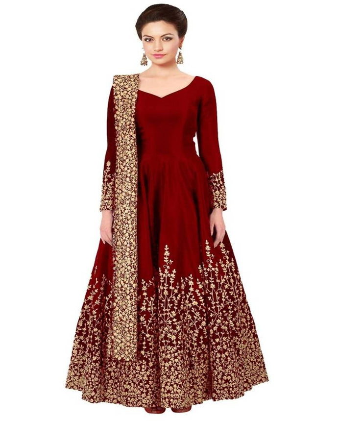 Stunning Maroon Taffeta Silk Embroidered Women Gown Bottom Set with Dupatta