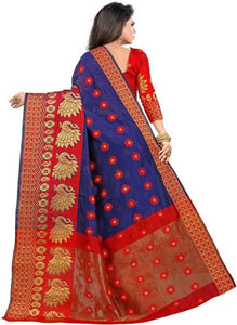 Red & Blue Cotton Silk Jacquard Traditional Saree